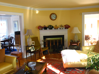 Walls, ceiling, fireplace, and trim
